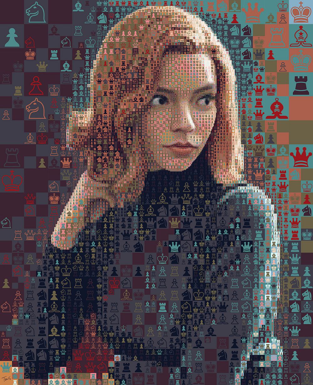 西洋棋符號組成《后翼棄兵》女主角劇照！希臘平面設計師化身影迷，以馬賽克致敬棋盤