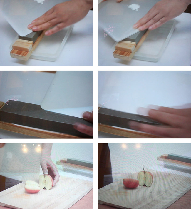 筆電的新功能？藝術家拿 Macbook Air 切蘋果