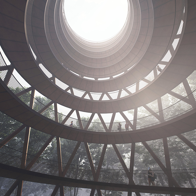 佇立於森林間的「丹麥螺旋景觀塔」，一起盤旋而上享受 360 度的森林浴吧！