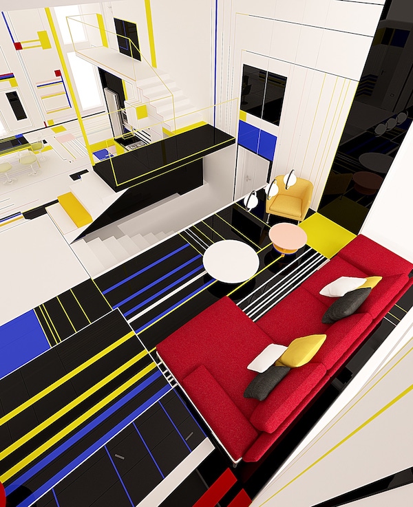 如果蒙德里安是空間設計師？保加利亞設計工作室以紅、黃、藍色與平行幾何線條致敬荷蘭藝術大師