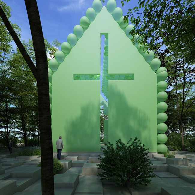 彷彿下一秒就飛走！森林圍繞的綠色球體教堂