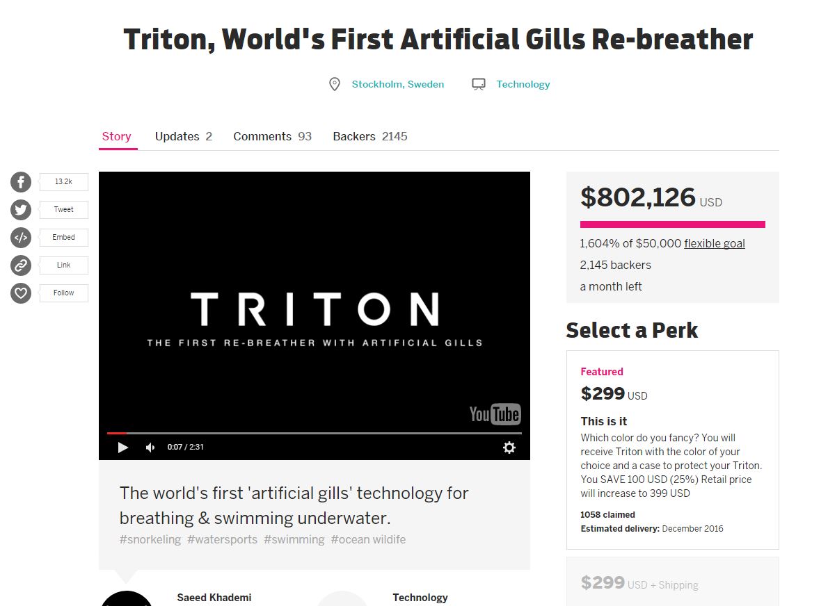 水中呼吸器Triton是通往海神波賽頓的門票，或依然只是個一百萬美金的夢想？