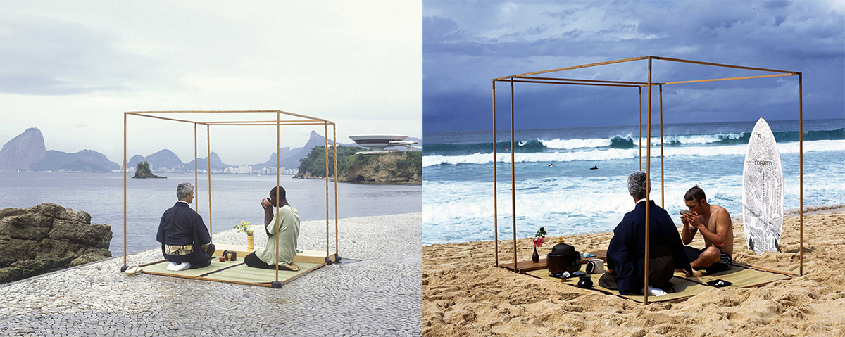 在天地間用 14 根木棍、玻璃或稻草搭建一處茶席，找尋人與自然和諧共存的可能