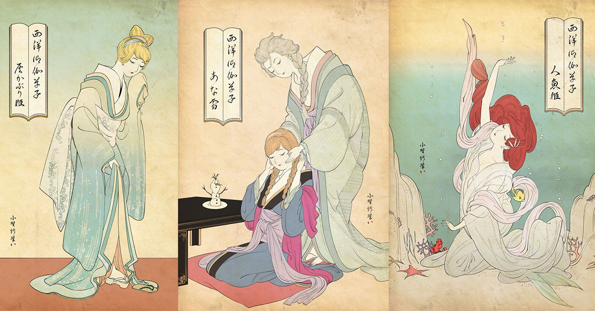 浮世繪版迪士尼公主！日本插畫家Ono Tako讓艾莎、灰姑娘、小美人魚穿越時空