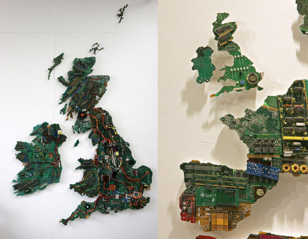 用回收電腦零件組成的「3C世界地圖」