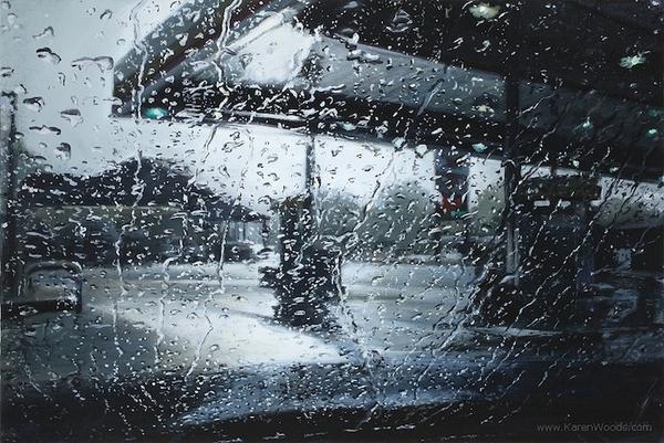 Karen Woods 以油畫顏料模擬浪漫雨日窗景
