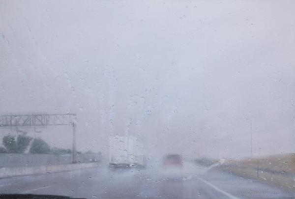 Karen Woods 以油畫顏料模擬浪漫雨日窗景
