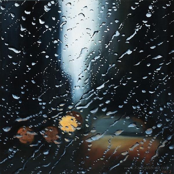Karen Woods 以油畫顏料模擬浪漫雨日窗景