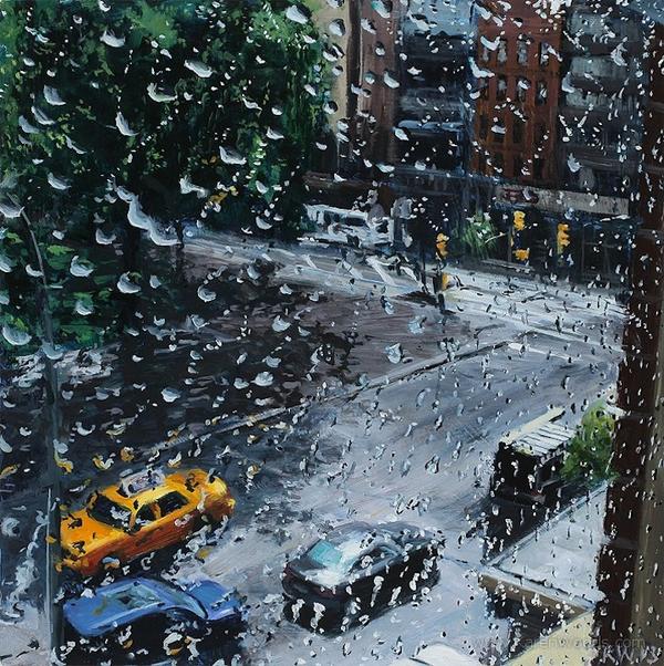 Karen Woods 以油畫顏料模擬浪漫雨日窗景