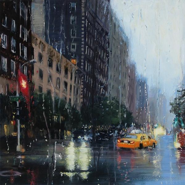 Karen Woods 以油畫顏料模擬浪漫雨日窗景