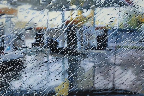 Karen Woods 以油畫顏料模擬浪漫雨日窗景