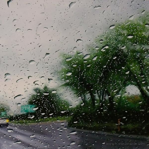 Karen Woods 以油畫顏料模擬浪漫雨日窗景