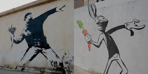 以卡通人物致敬 Banksy 畫作！巴西街頭塗鴉藝術家 Butcher Billy 讓兔巴哥、摩登原始人粉墨登場