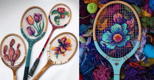 網球拍變身刺繡畫框！ 南非藝術家Danielle Clough的花束刺繡球拍創作